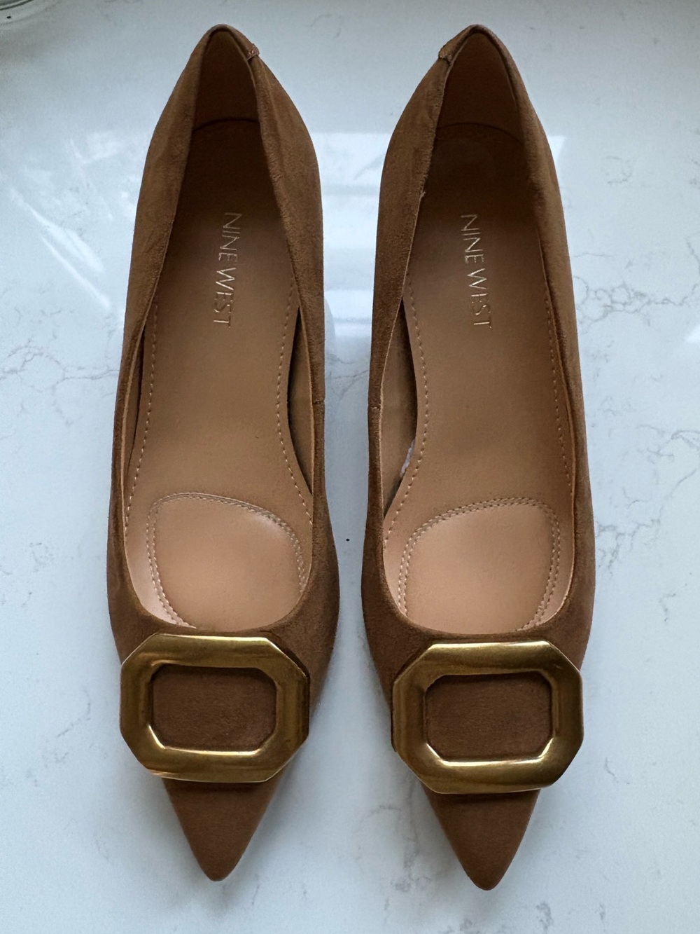 Nine West Suede Pointed-Toe Kitten Brown Heel Pumps with Gold Buckle - Picture 4 of 5
